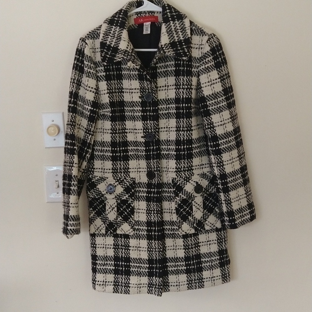 Anne Klein wool blend black and white plaid coat small chic